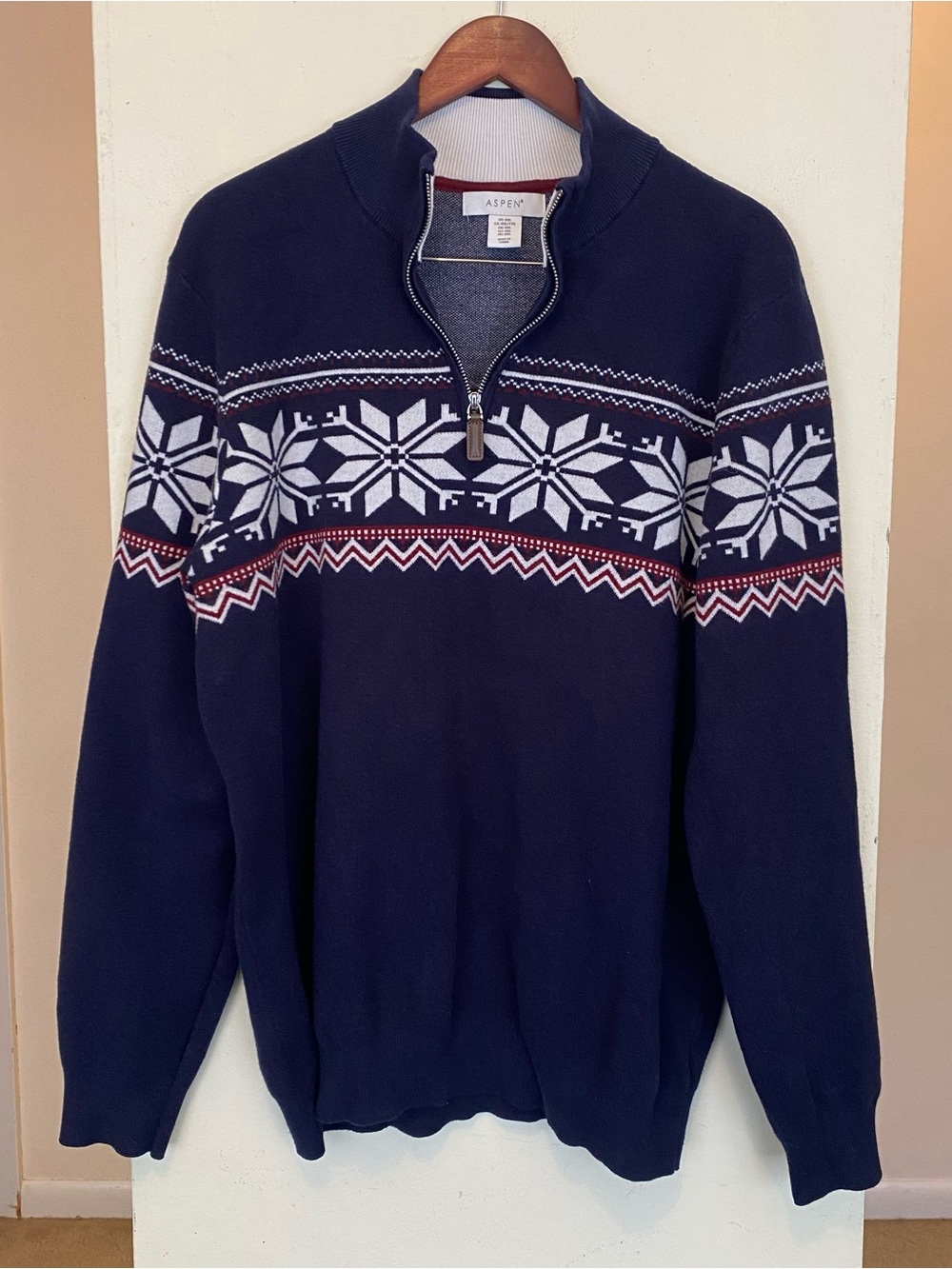 Aspen Blue Sweater Mens XXL Snowflake 1/4 Zip Mock Neck Warm Winter Pullover